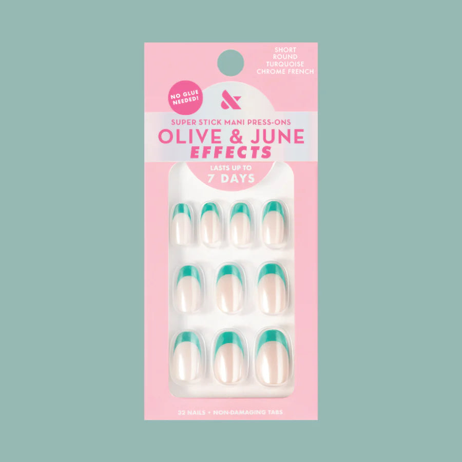 Turquoise Chrome | Short | Round - Tab Press-On